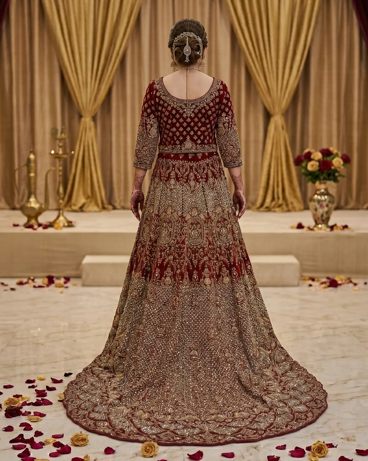 Premium Red Indian Style Velvet Tail Bridal Lehenga Choli - Image 3