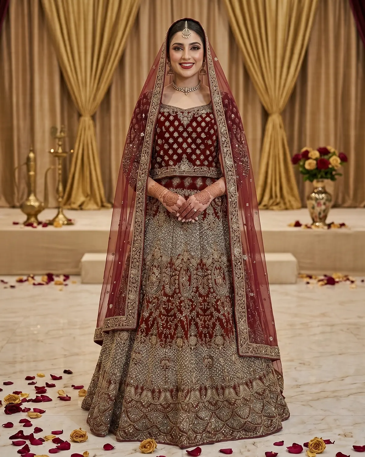 Premium Red Indian Style Velvet Tail Bridal Lehenga Choli - Image 2