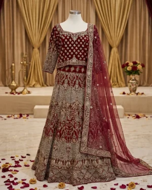 Premium Red Indian Style Velvet Tail Bridal Lehenga Choli
