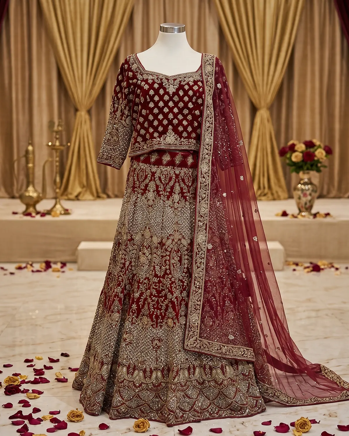 Premium Red Indian Style Velvet Tail Bridal Lehenga Choli