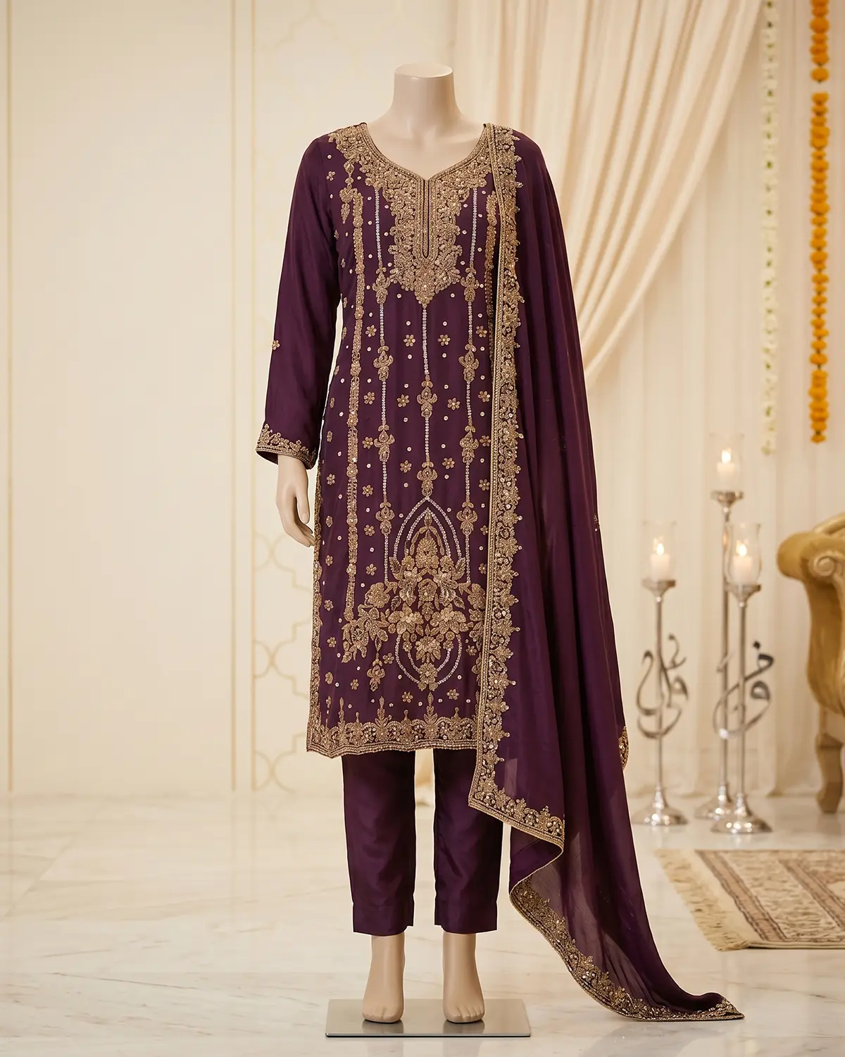 Purple Zari Formal Shirt Trouser Suit
