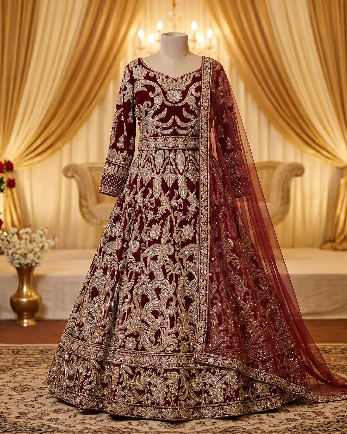 Red Crimson Velvet Bridal Lehenga Shirt