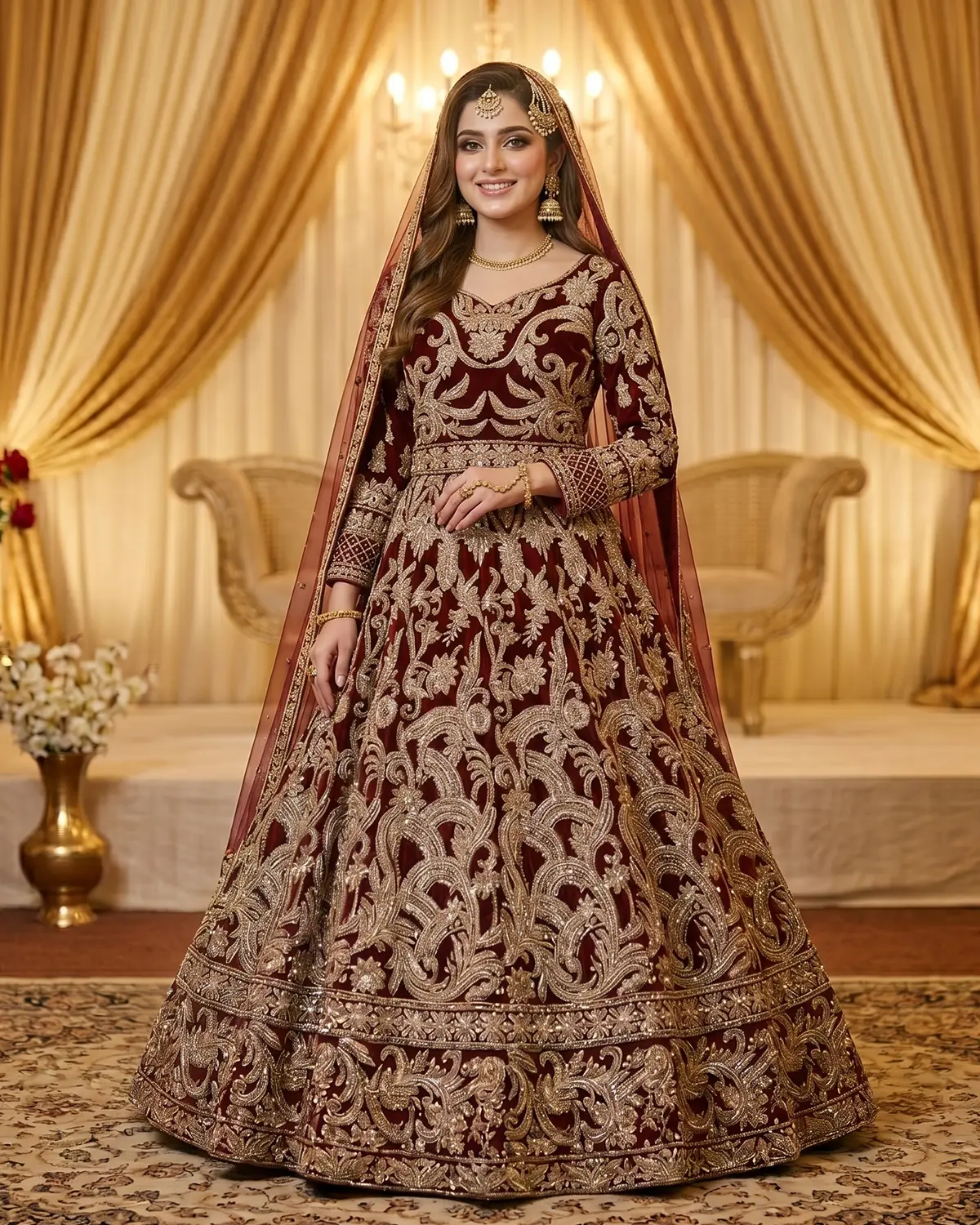 Red Crimson Velvet Bridal Lehenga Shirt - Image 2