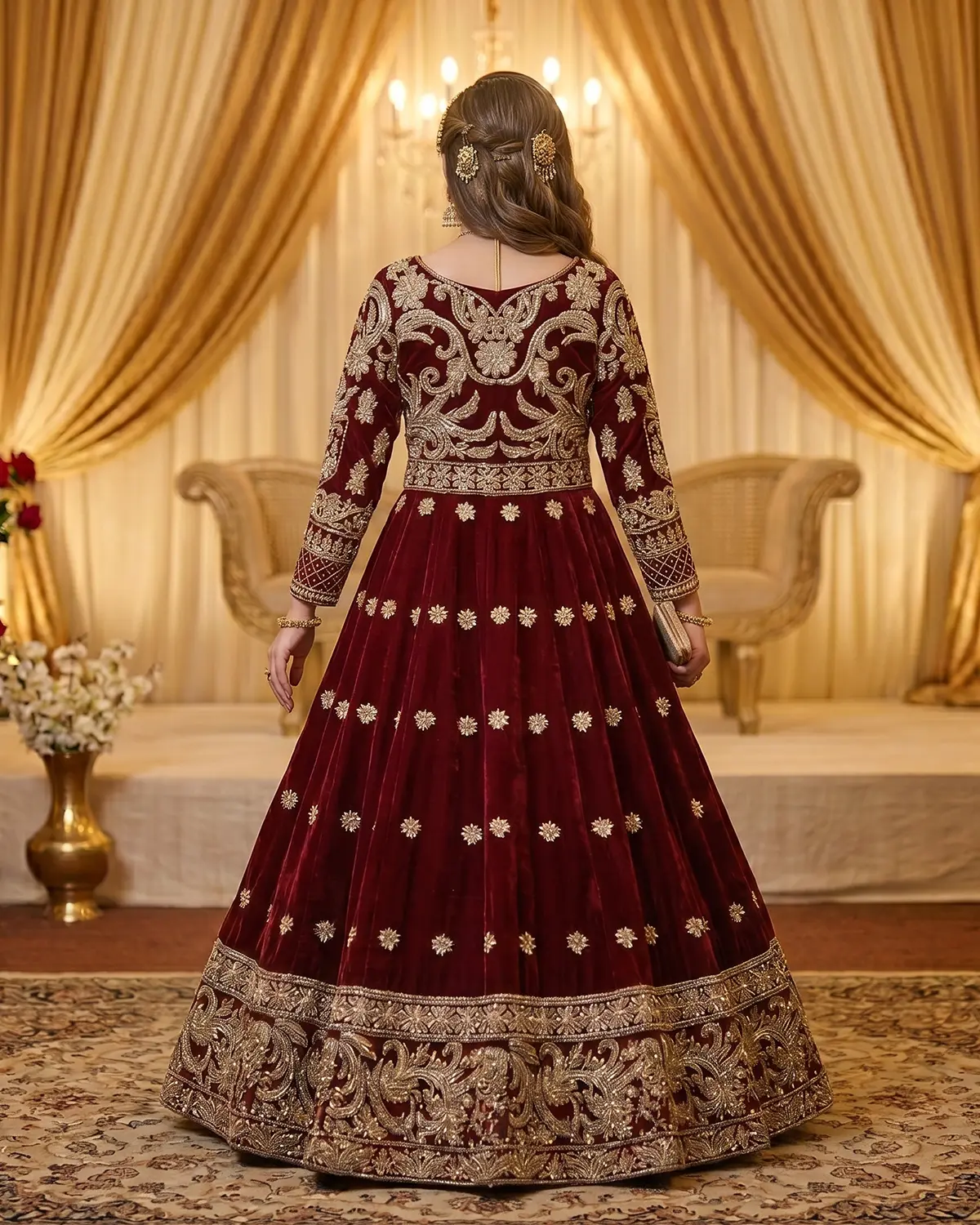 Red Crimson Velvet Bridal Lehenga Shirt - Image 3
