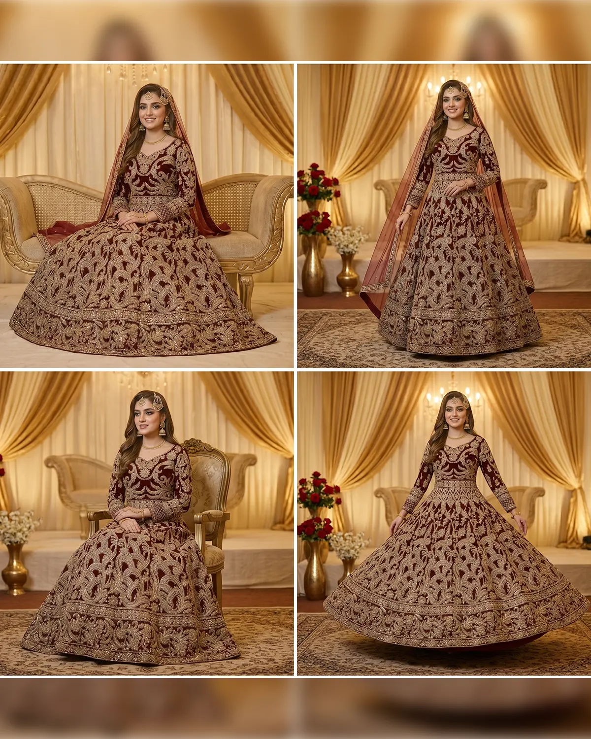 Red Crimson Velvet Bridal Lehenga Shirt - Image 4