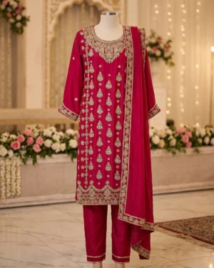 Red Embellished Formal Shirt Trouser Suit