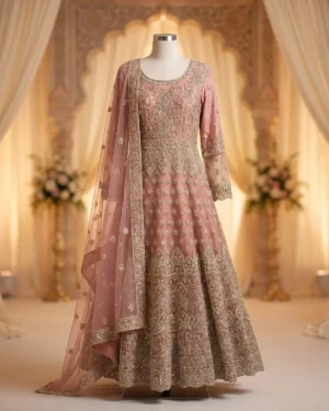 Rose Pink Heavy Embriodered Indian Style Formal Maxi Wear