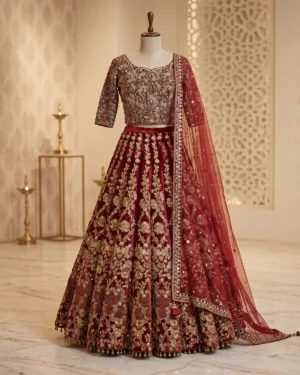 Rose Red Jewel Velvet Bridal Lehenga Choli