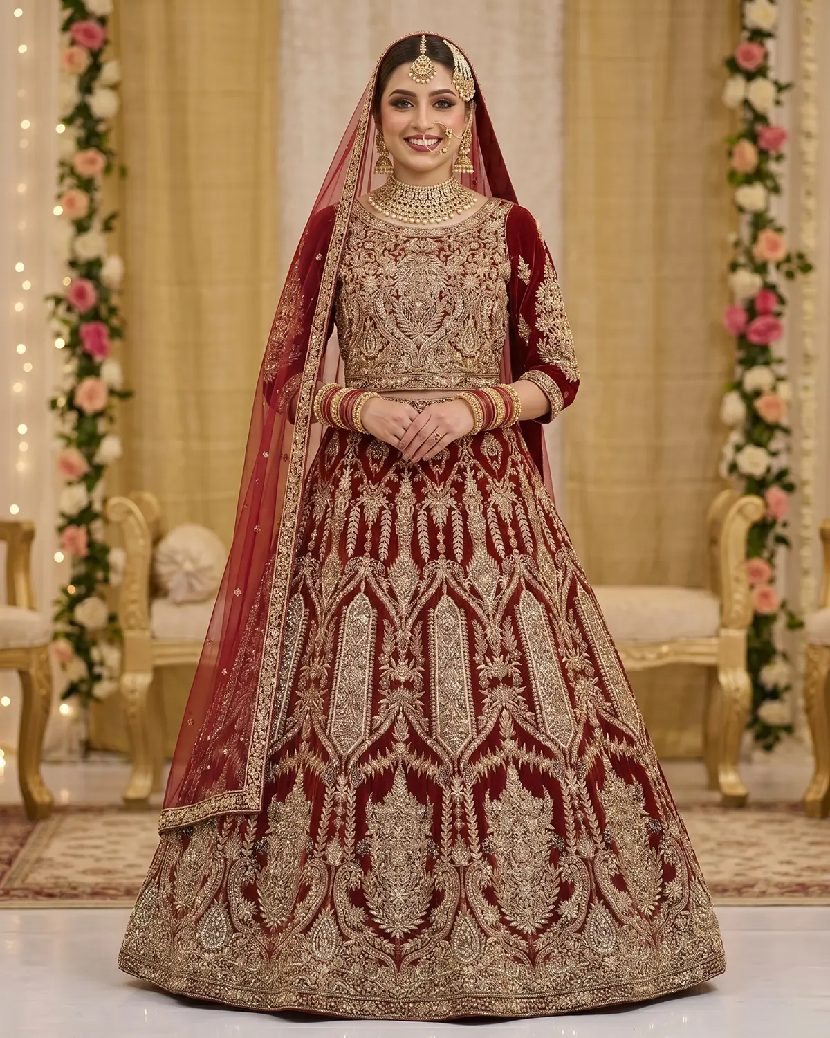 Royal Crimson Bridal Velvet Bridal Lehenga Shirt - Image 2