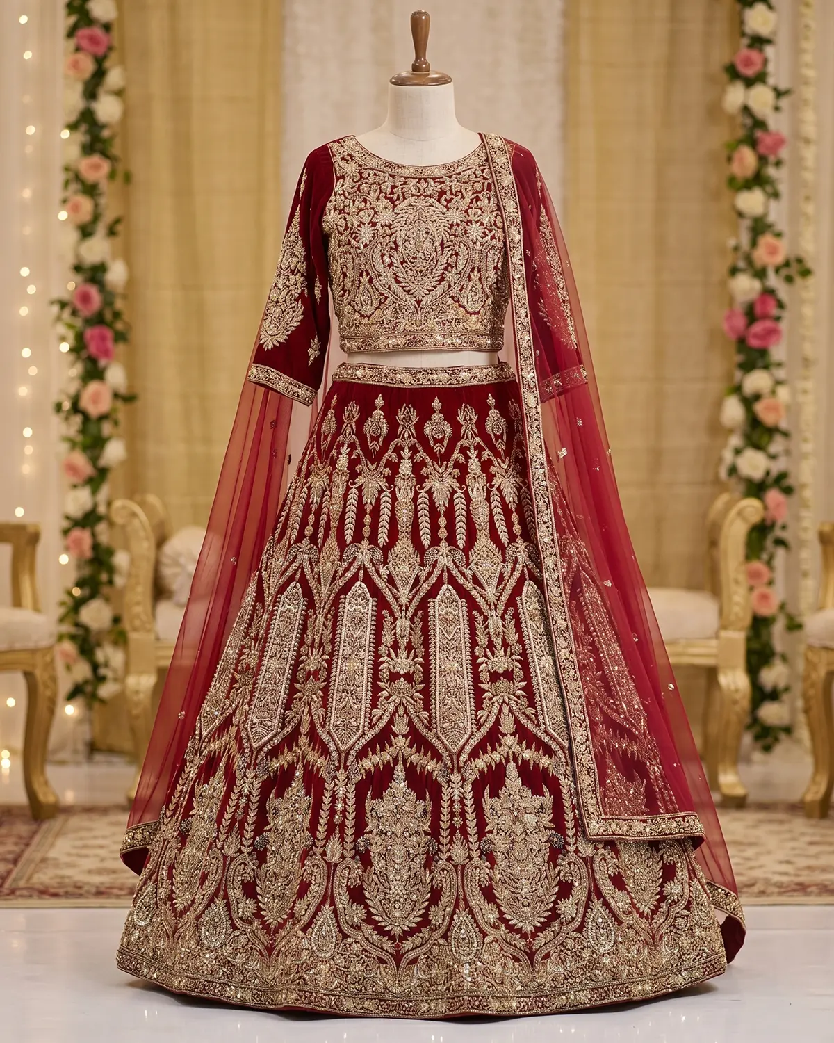 Royal Crimson Bridal Velvet Bridal Lehenga Shirt