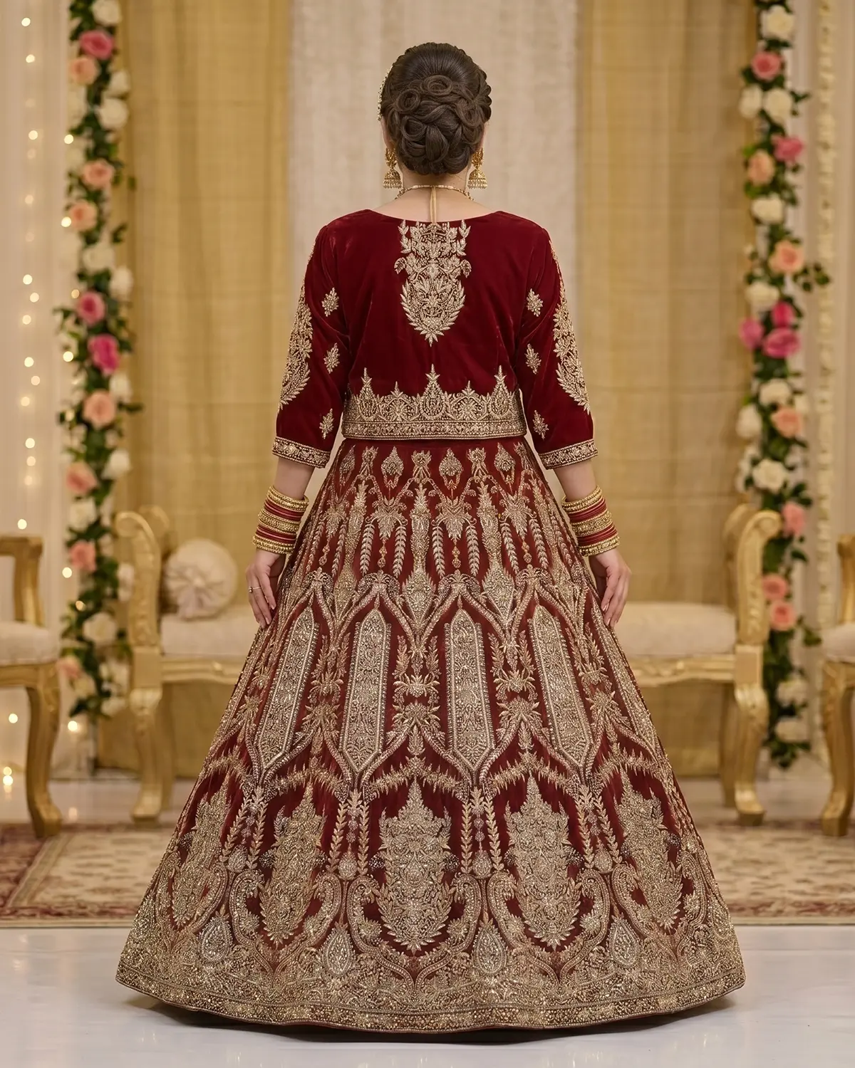 Royal Crimson Bridal Velvet Bridal Lehenga Shirt - Image 3