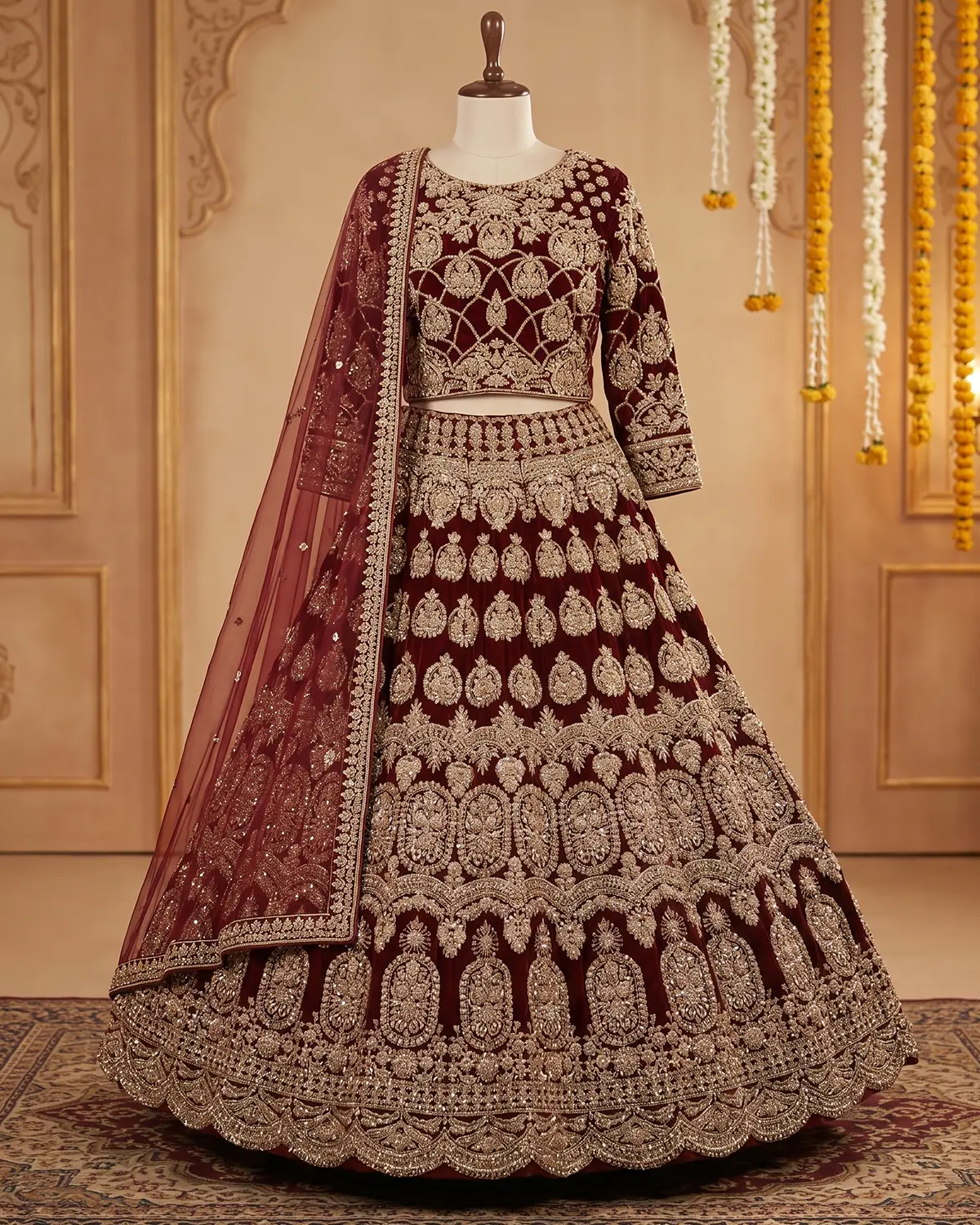 Royal Crimson Zari Velvet Bridal Lehenga Shirt