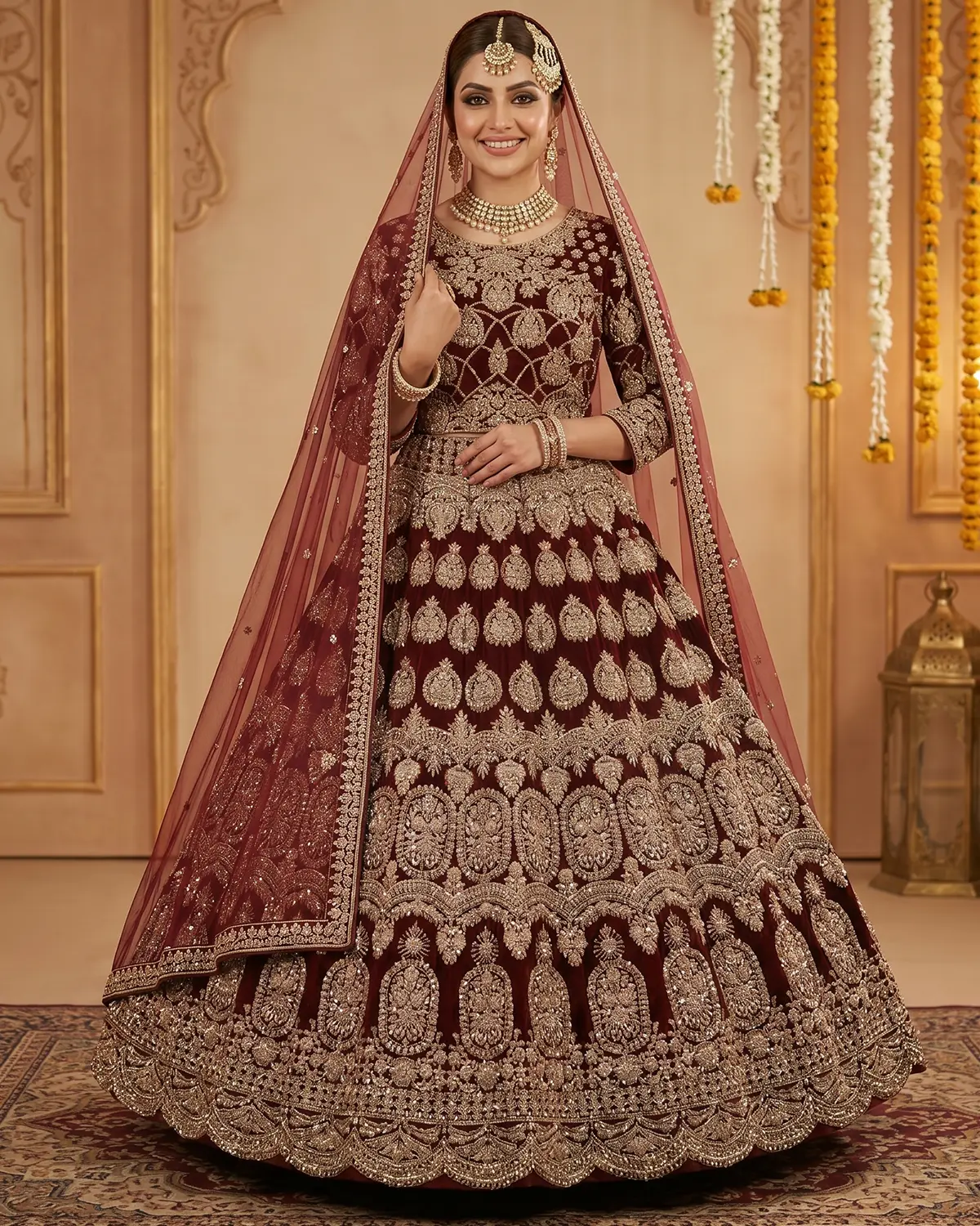 Royal Crimson Zari Velvet Bridal Lehenga Shirt - Image 2