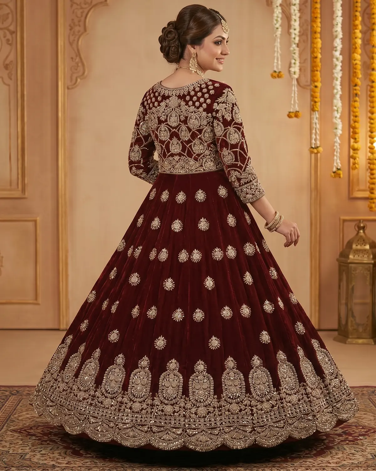 Royal Crimson Zari Velvet Bridal Lehenga Shirt - Image 3