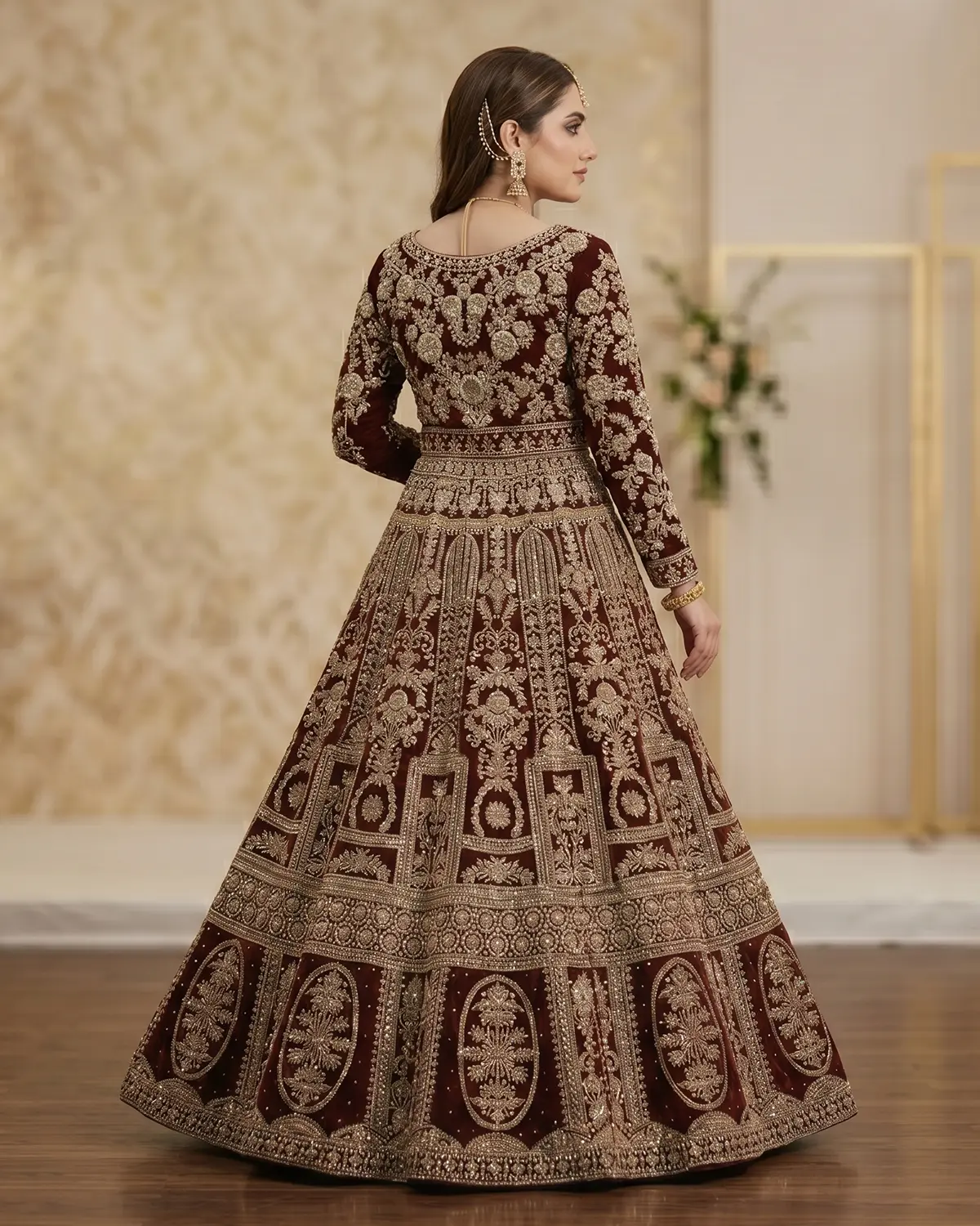 Royal Golden Velvet Maroon Bridal Lehenga Choli - Image 3
