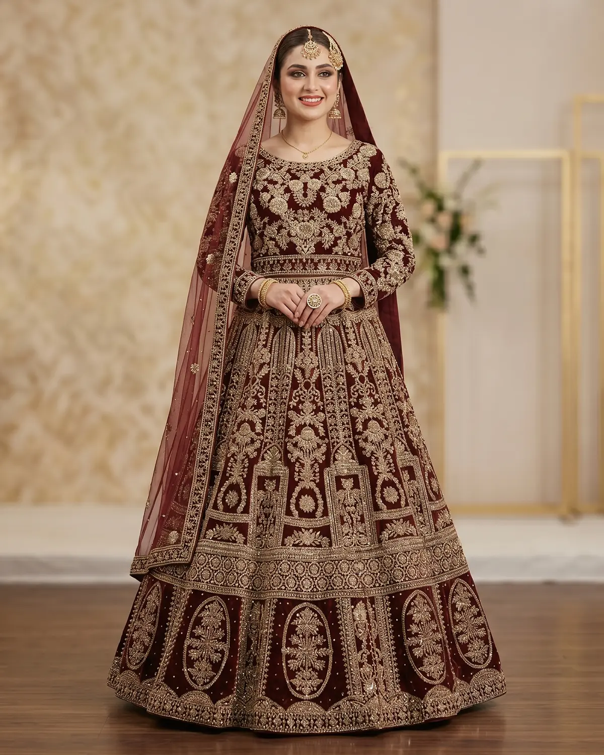 Royal Golden Velvet Maroon Bridal Lehenga Choli - Image 2