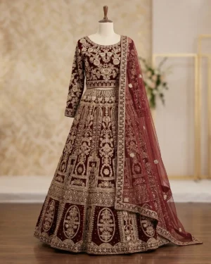 Royal Golden Velvet Maroon Bridal Lehenga Choli