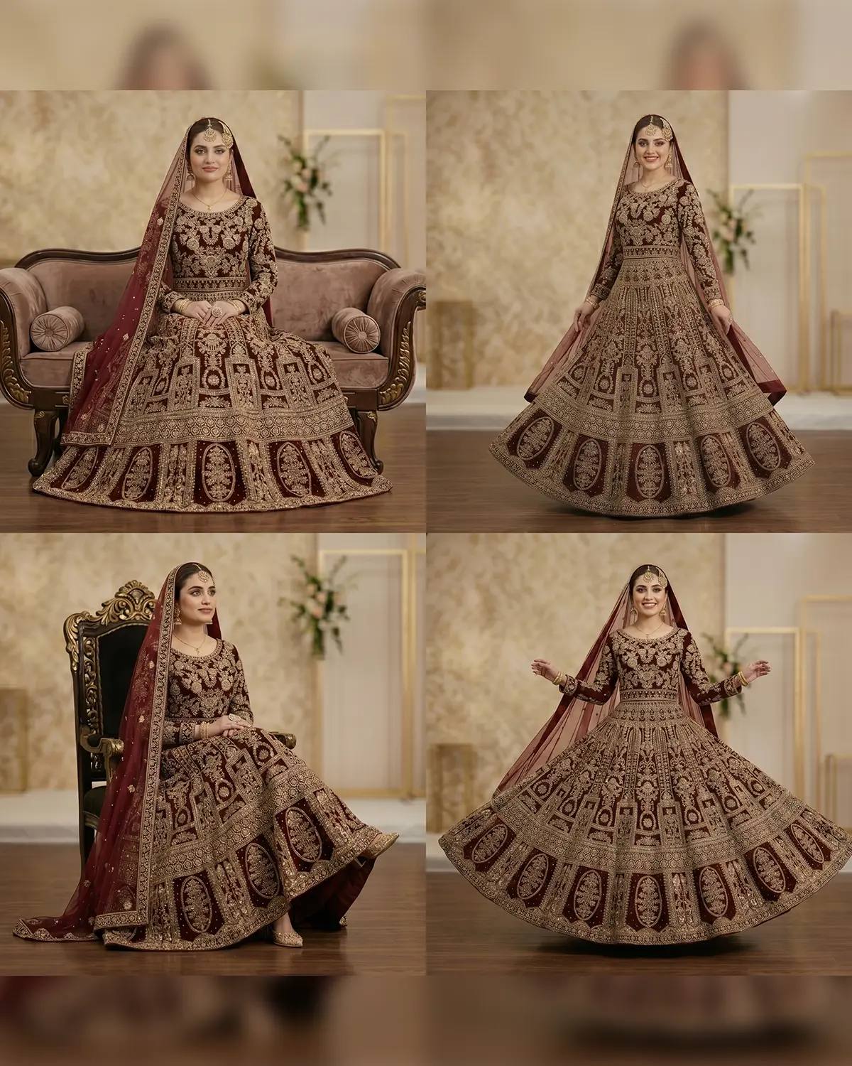 Royal Golden Velvet Maroon Bridal Lehenga Choli - Image 4