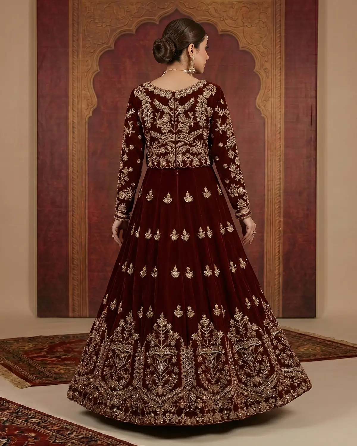 Royal Maroon Golden Velvet Bridal Lehenga Choli - Image 3