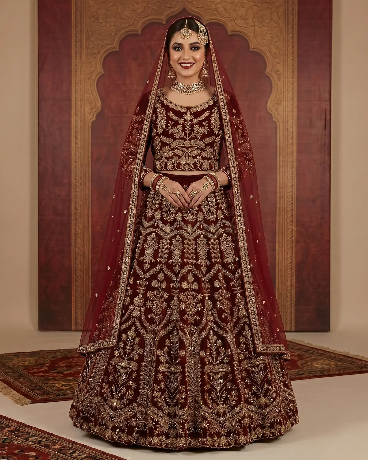 Royal Maroon Golden Velvet Bridal Lehenga Choli - Image 2