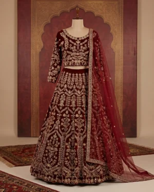 Royal Maroon Golden Velvet Bridal Lehenga Choli