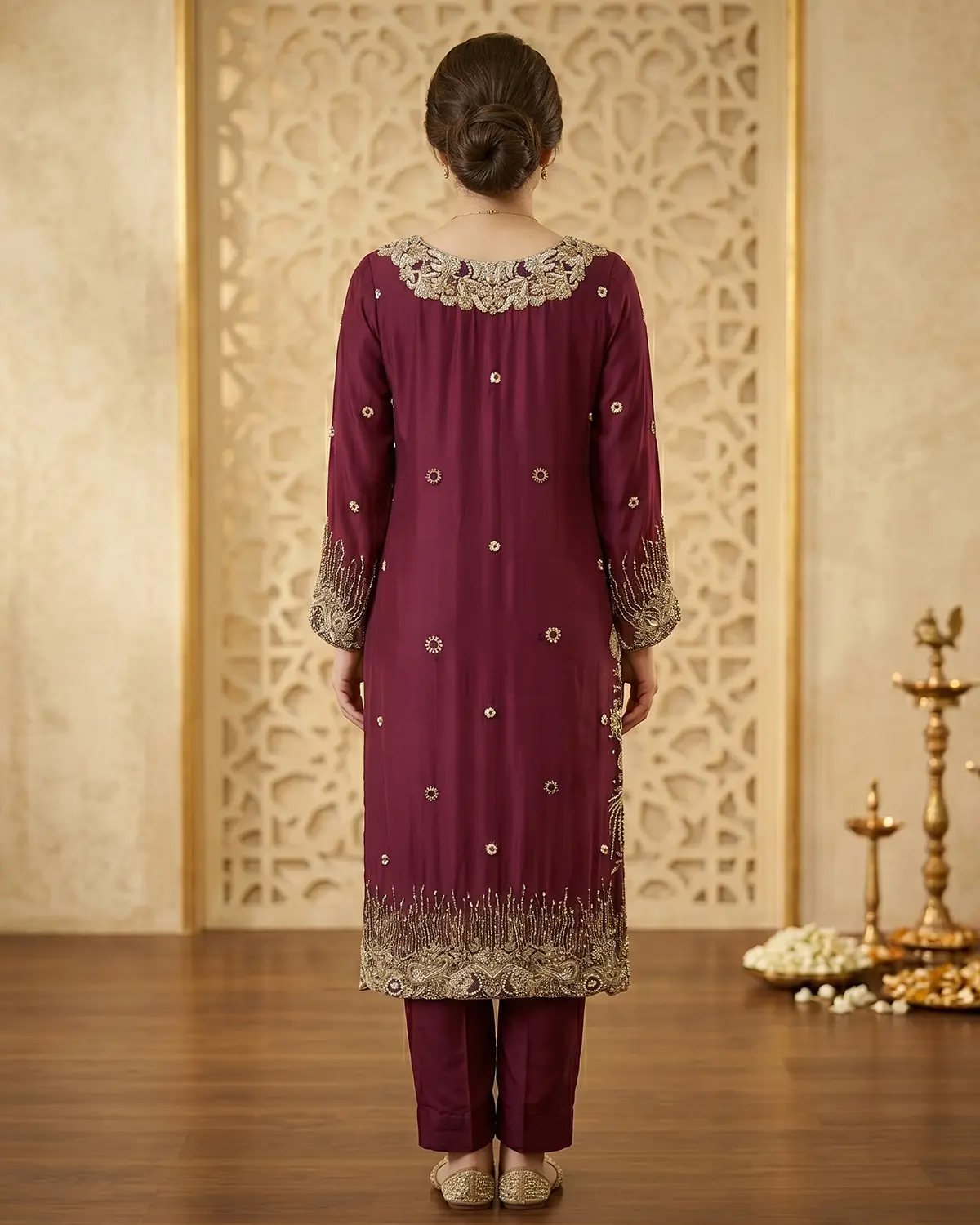 Royal Maroon Zardozi Formal Shirt Trouser Suit - Image 3