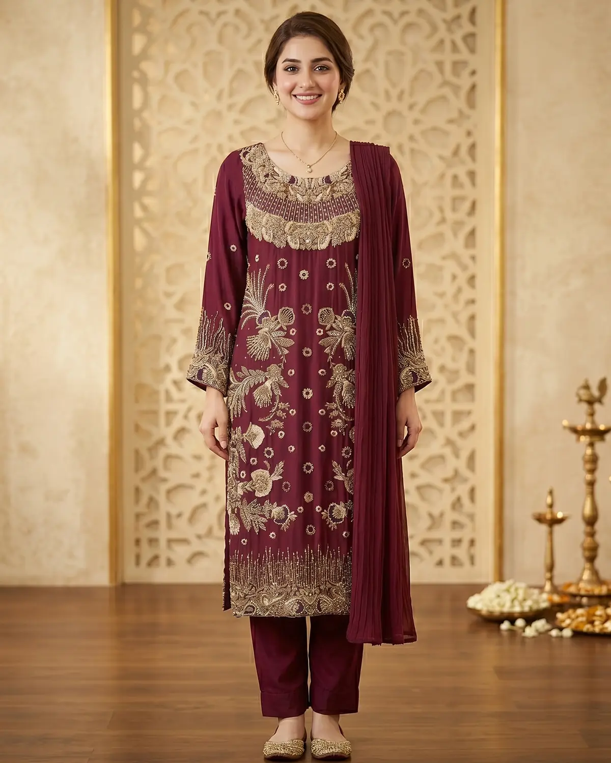 Royal Maroon Zardozi Formal Shirt Trouser Suit - Image 2