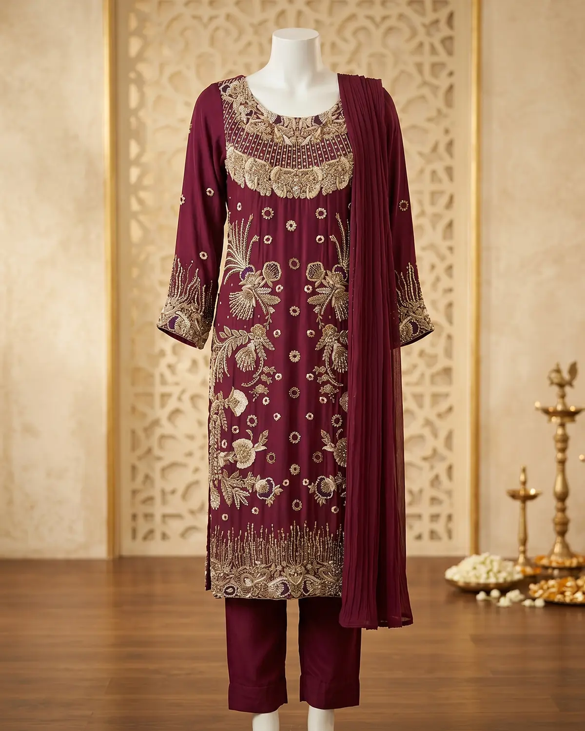 Royal Maroon Zardozi Formal Shirt Trouser Suit