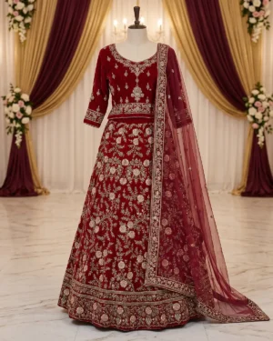 Royal Red Velvet Indian Style Bridal Lehenga Shirt
