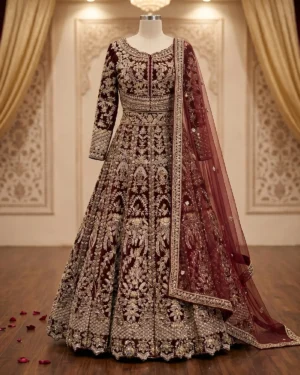 Ruby Golden Velvet Bridal Lehenga Choli