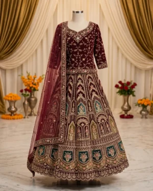 Ruby Maroon Indian Style Velvet Bridal Lehenga Shirt