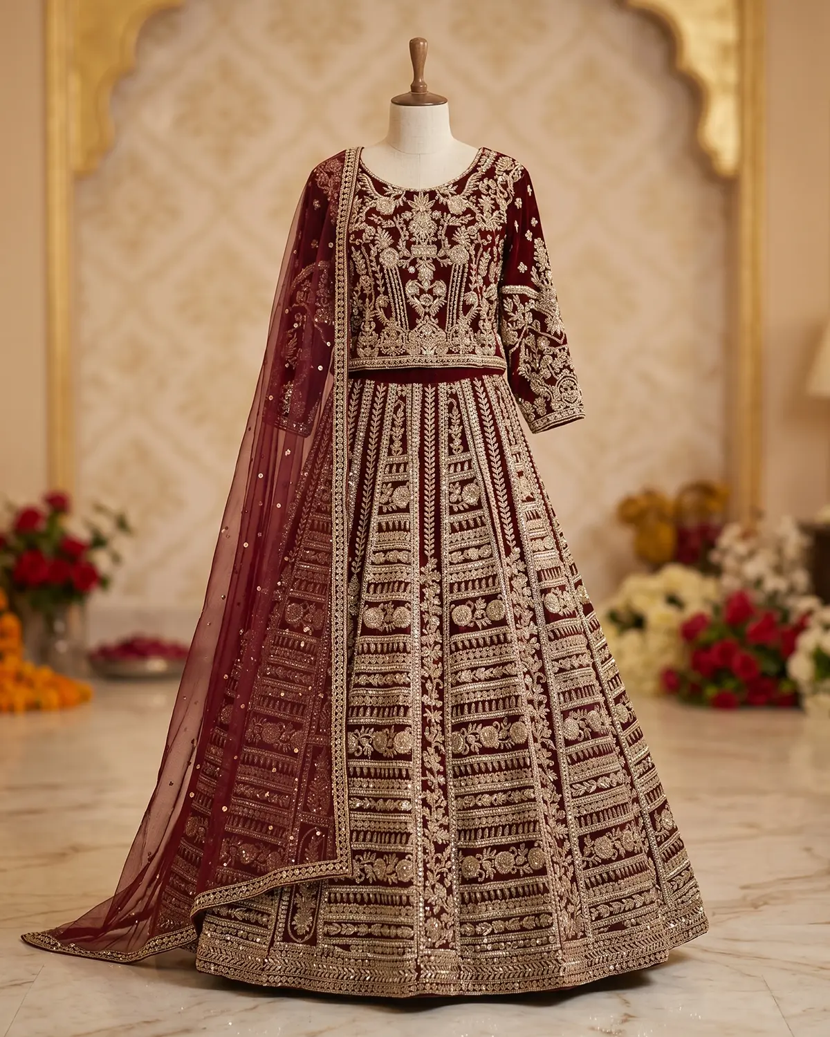 Ruby Maroon Velvet Bridal Lehenga Shirt