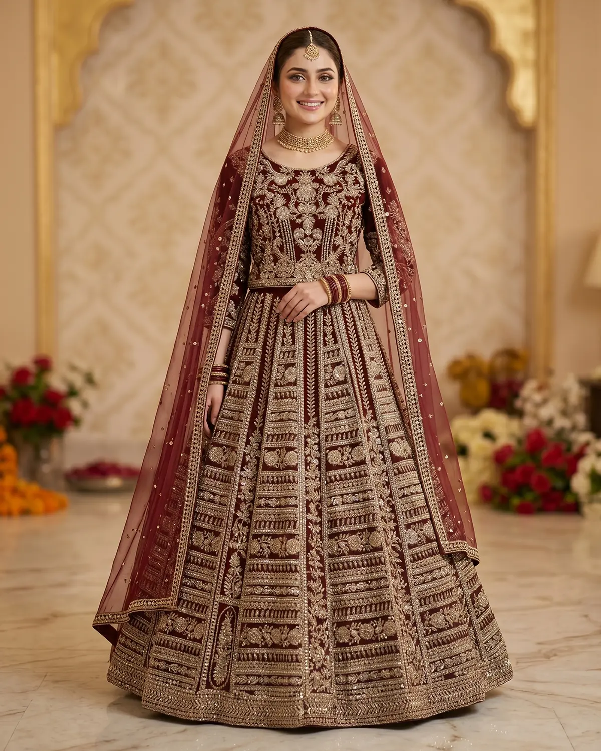 Ruby Maroon Velvet Bridal Lehenga Shirt - Image 2