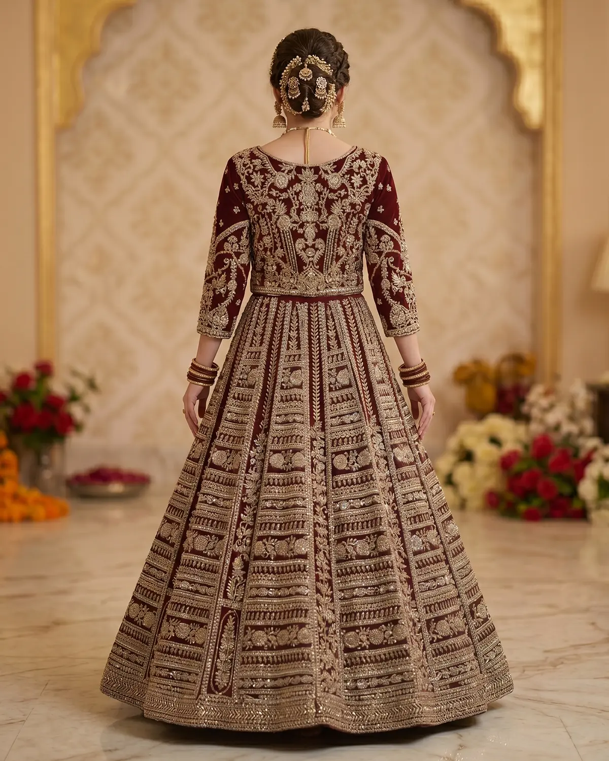 Ruby Maroon Velvet Bridal Lehenga Shirt - Image 3