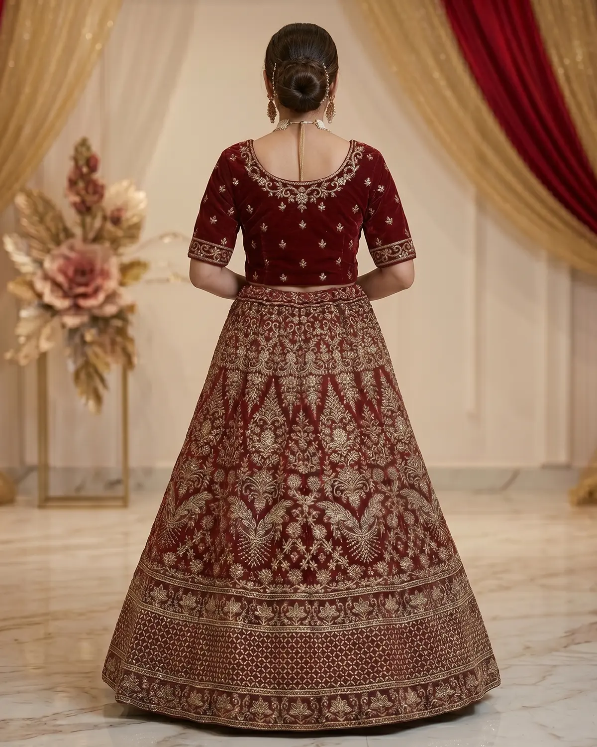 Ruby Red Golden Indian Style Velvet Bridal Lehenga Shirt - Image 3