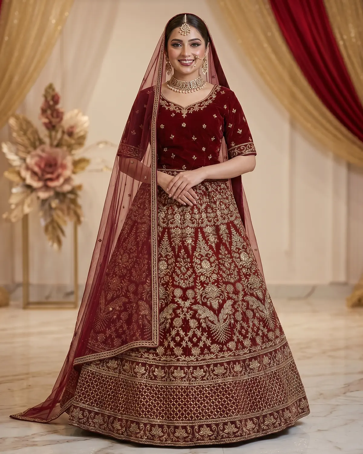 Ruby Red Golden Indian Style Velvet Bridal Lehenga Shirt - Image 2