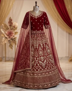 Ruby Red Golden Indian Style Velvet Bridal Lehenga Shirt