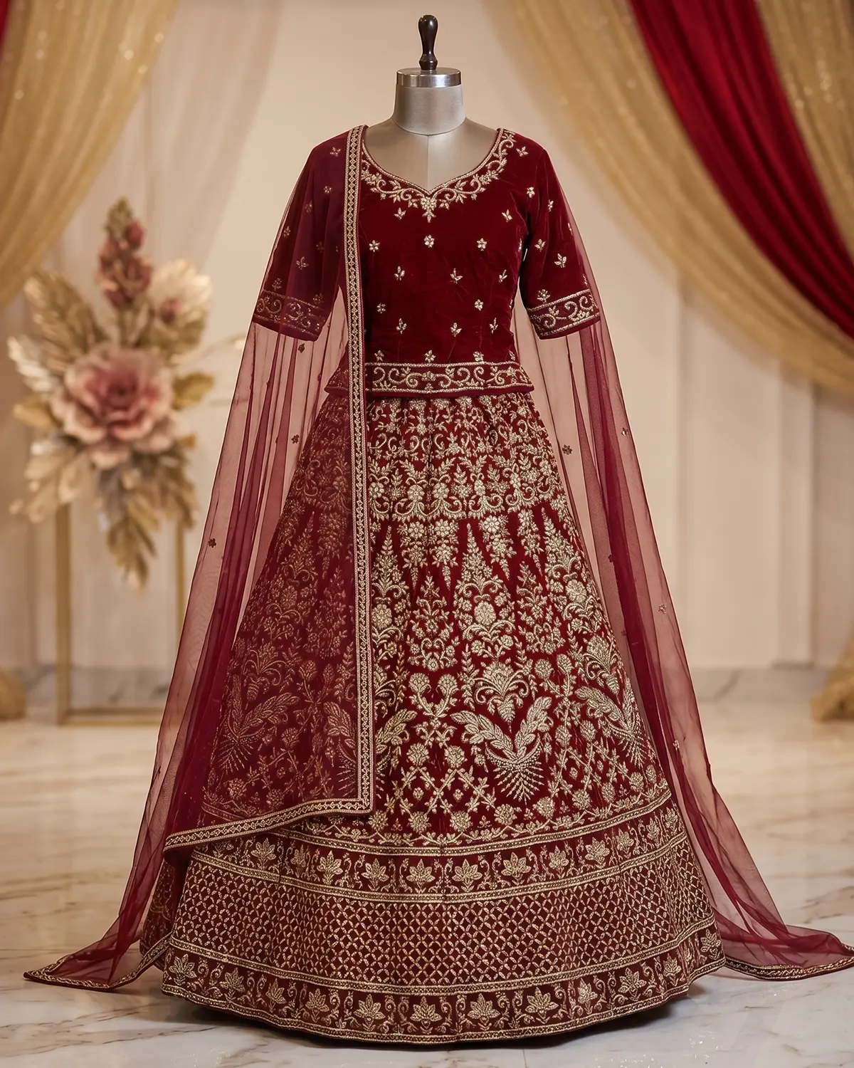 Ruby Red Golden Indian Style Velvet Bridal Lehenga Shirt