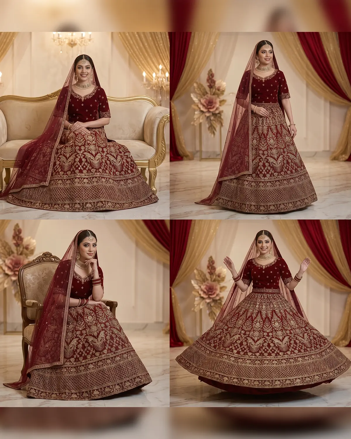 Ruby Red Golden Indian Style Velvet Bridal Lehenga Shirt - Image 4