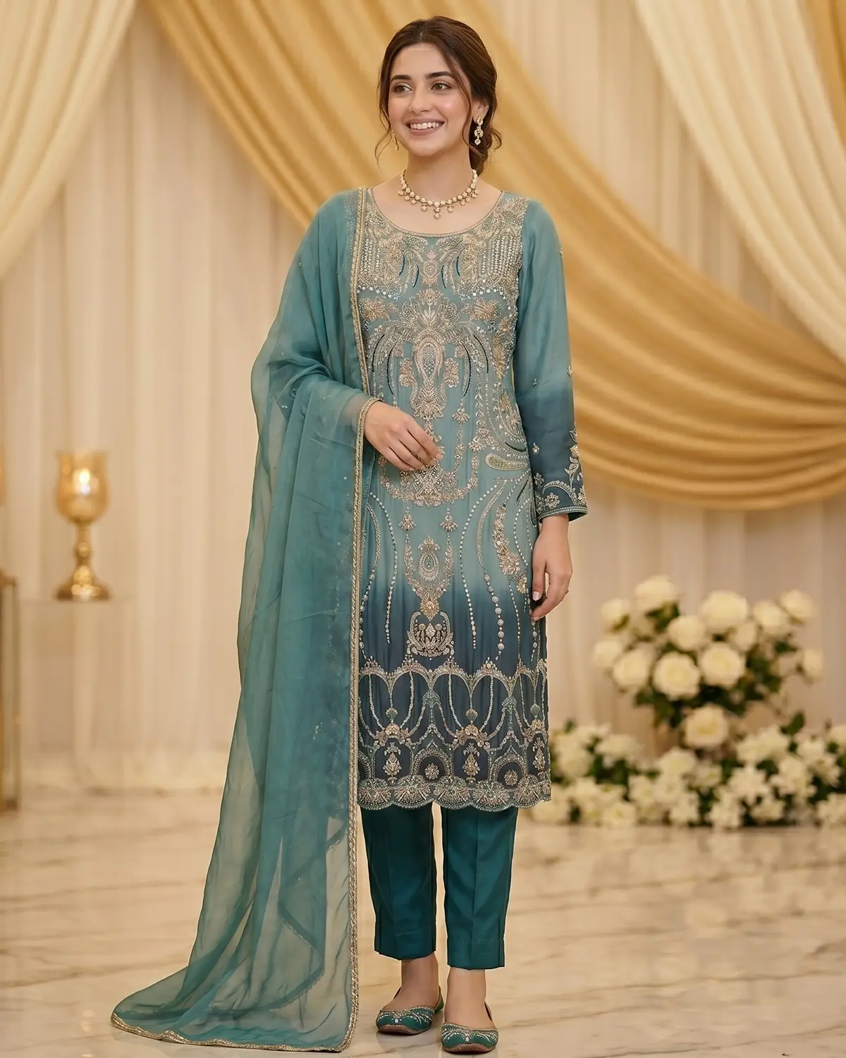 Sea Green 2 shades Formal Shirt Trouser Suit - Image 2