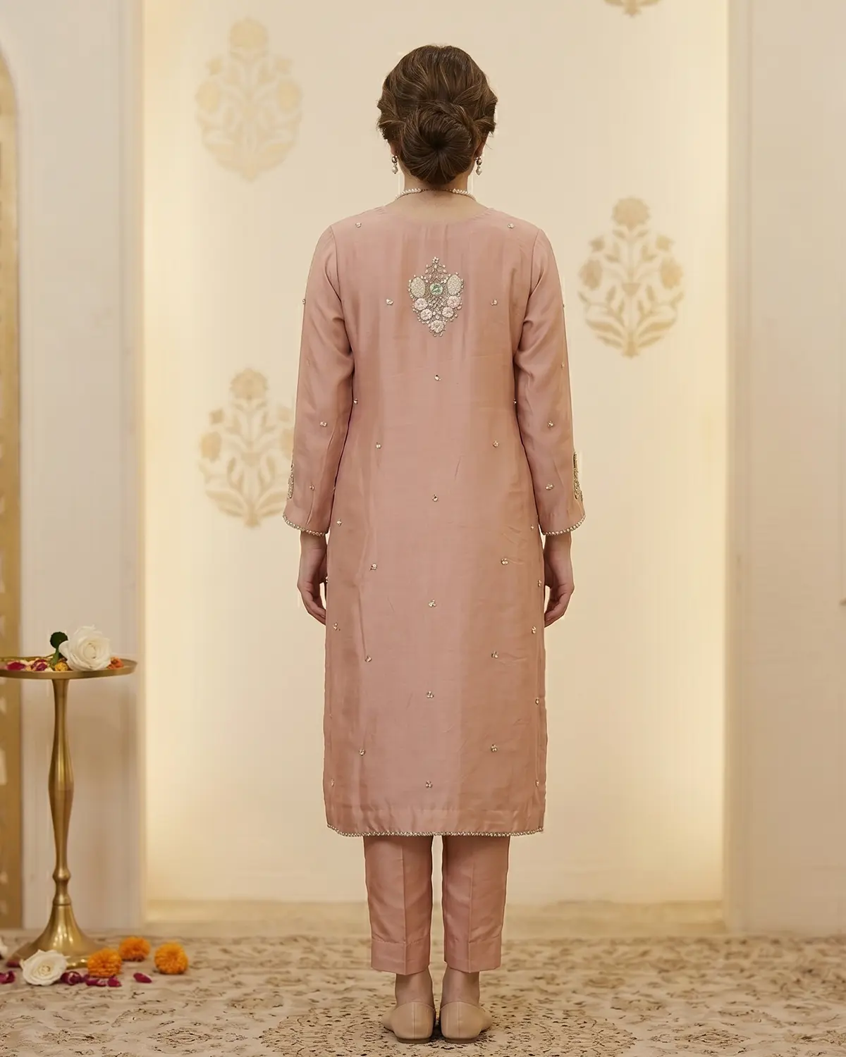 Soft Pink Zari Formal Shirt Trouser Suit - Image 3