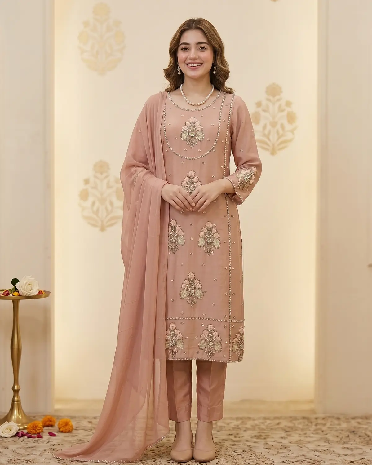 Soft Pink Zari Formal Shirt Trouser Suit - Image 2