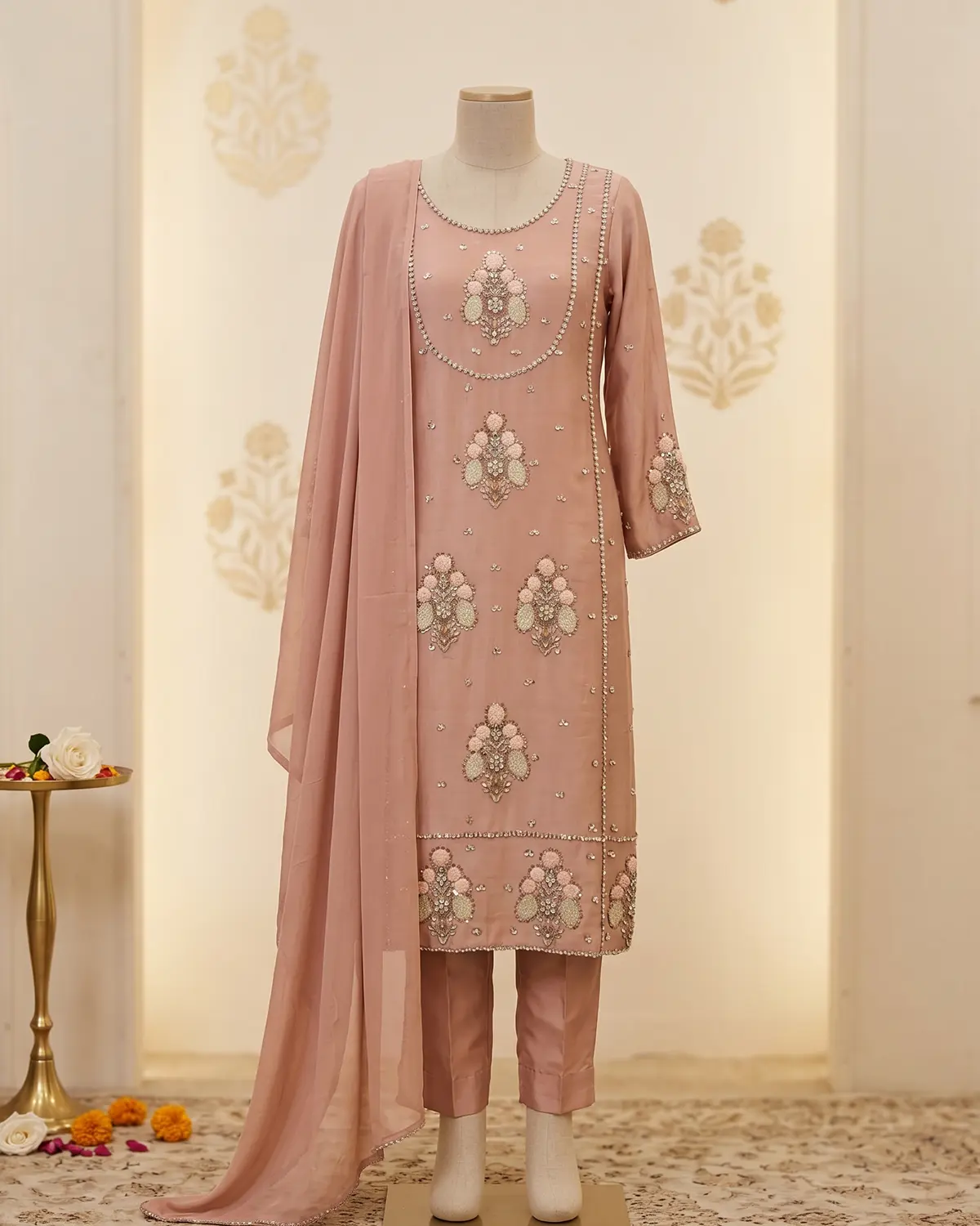 Soft Pink Zari Formal Shirt Trouser Suit