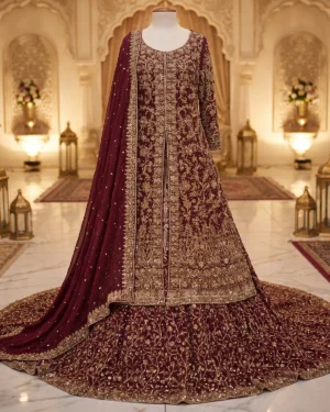 Maroon Golden Open Gown Bridal Farshi Lehenga Long Shirt