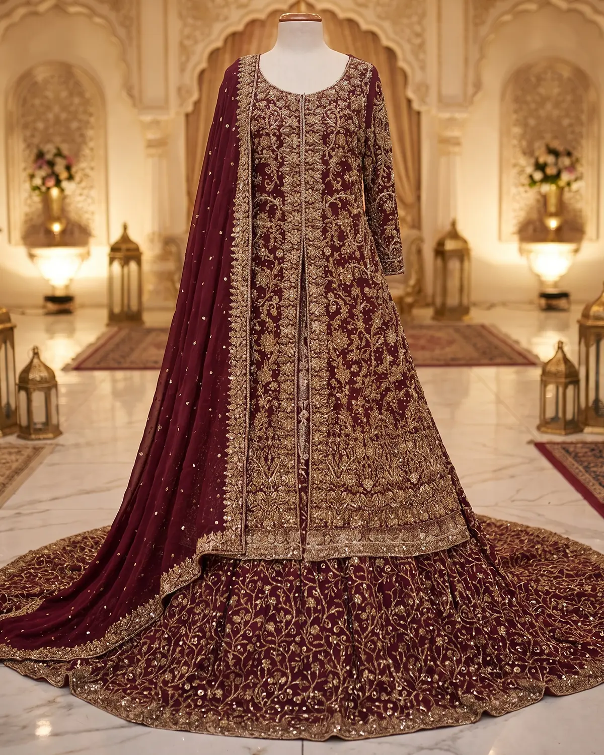 Maroon Golden Open Gown Bridal Farshi Lehenga Long Shirt