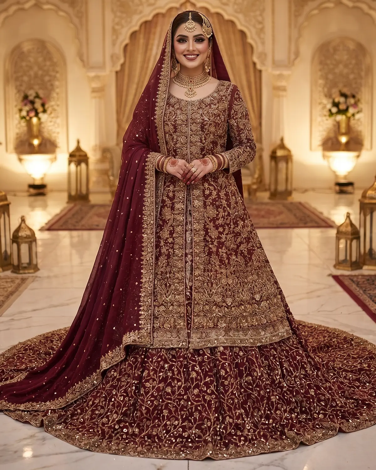 Maroon Golden Open Gown Bridal Farshi Lehenga Long Shirt - Image 2
