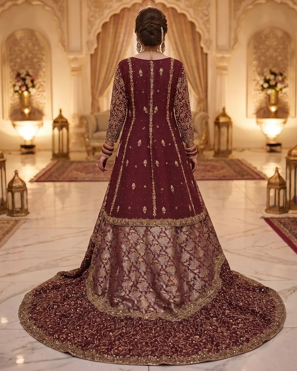 Maroon Golden Open Gown Bridal Farshi Lehenga Long Shirt - Image 3