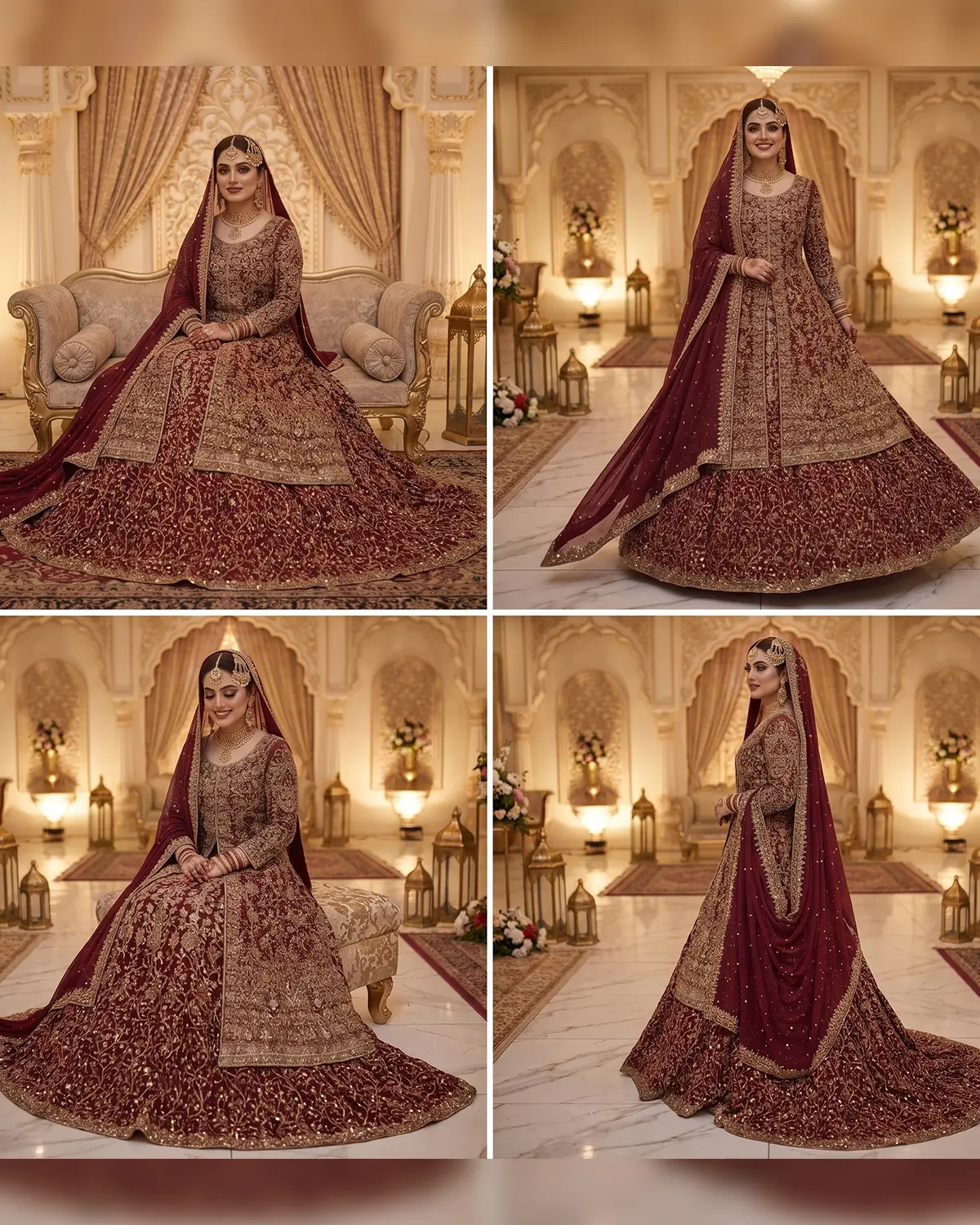 Maroon Golden Open Gown Bridal Farshi Lehenga Long Shirt - Image 4