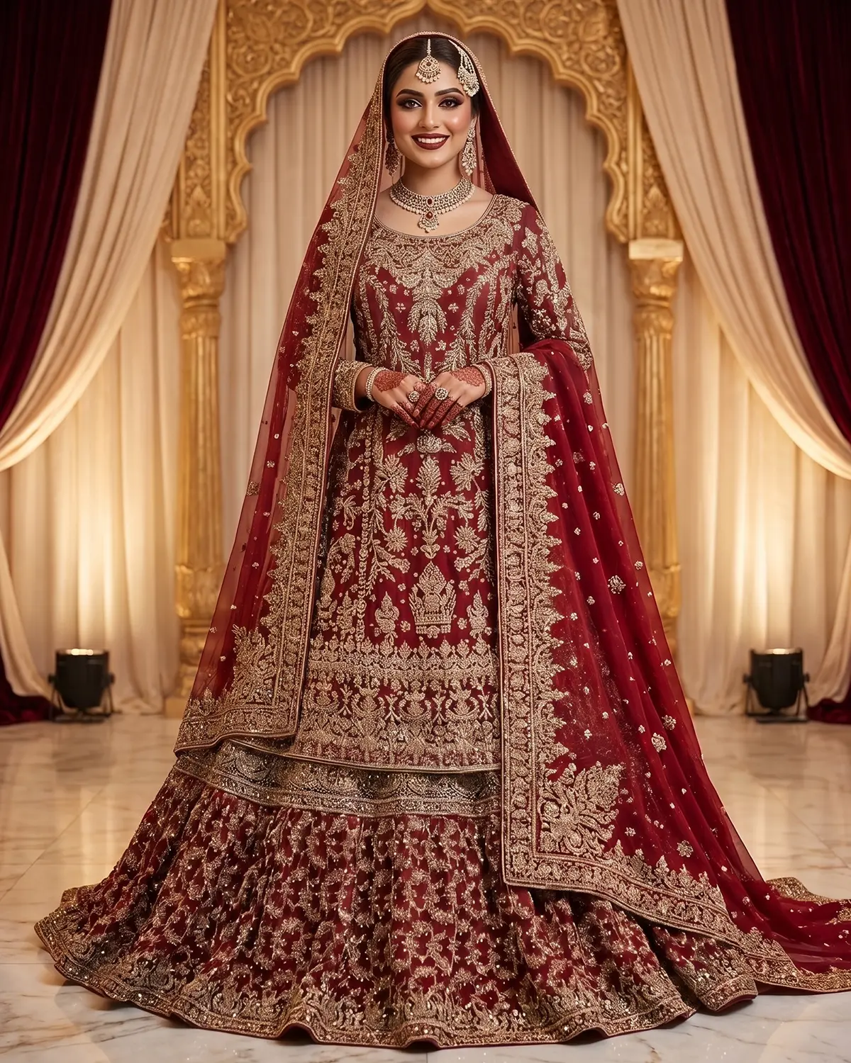 Deep Red Clean Embroidered Bridal Farshi Lehenga Shirt - Image 2