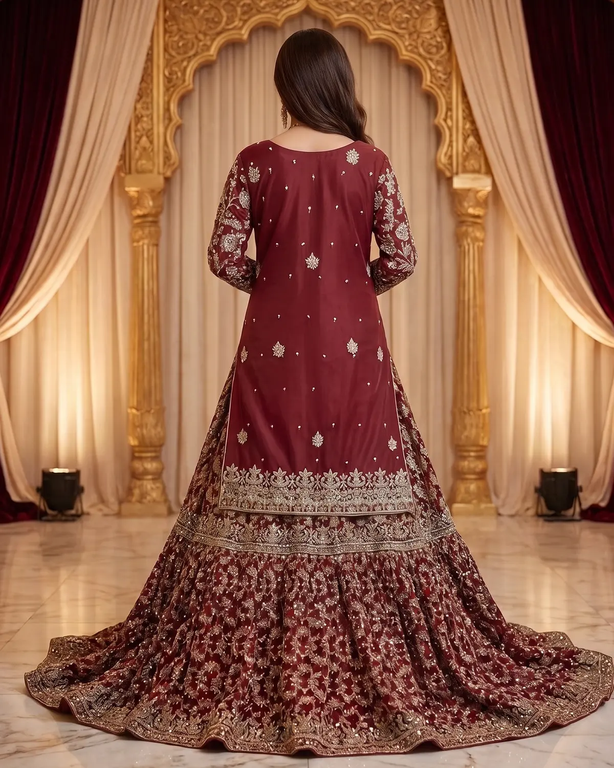 Deep Red Clean Embroidered Bridal Farshi Lehenga Shirt - Image 3